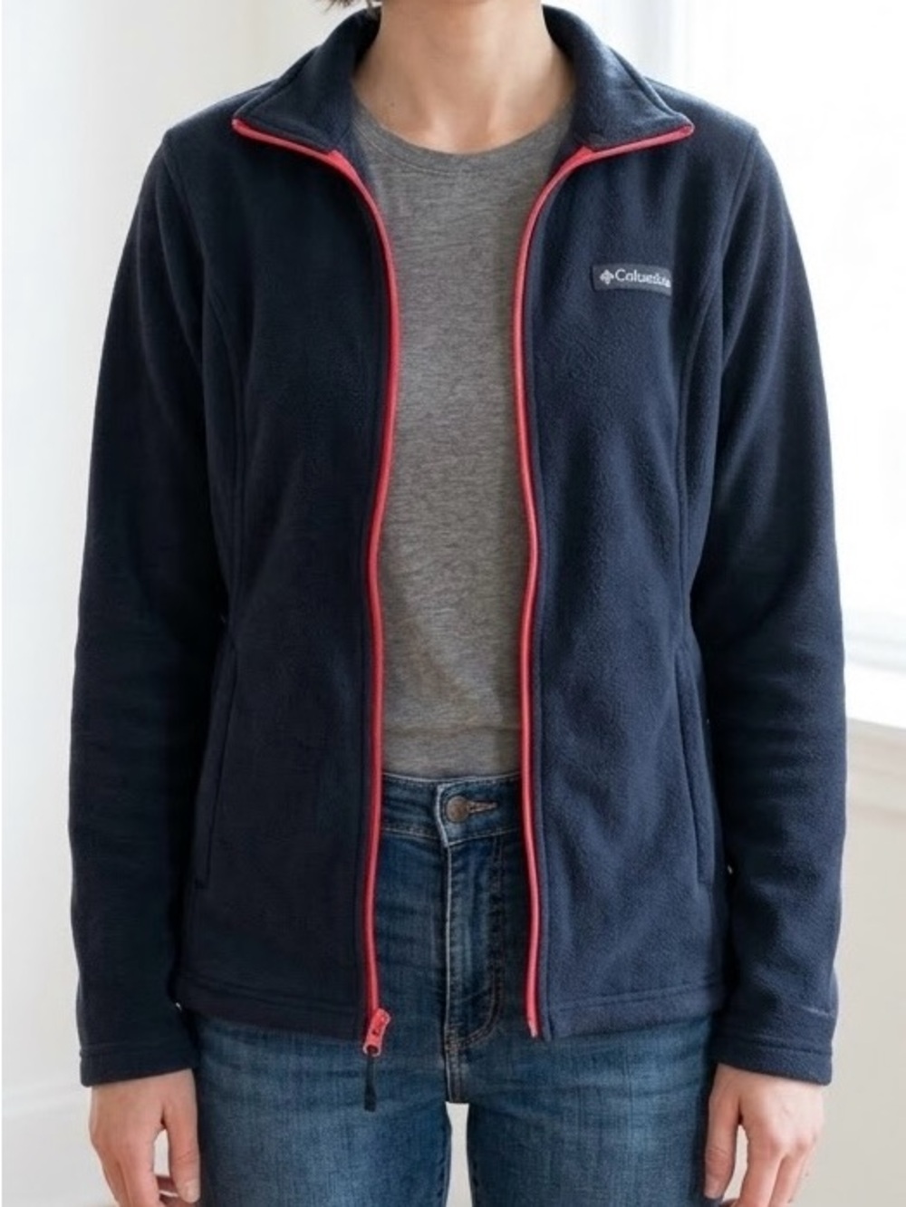 Columbia Black Full-Zip Fleece Jacket Zipped Pockets Red Zipper Sz S EUC Outdoor
